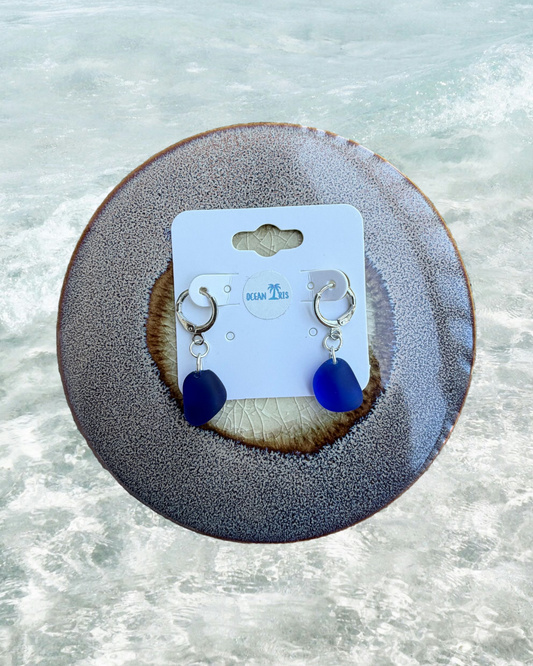 Dark Blue Sea Glass Earrings SILVER